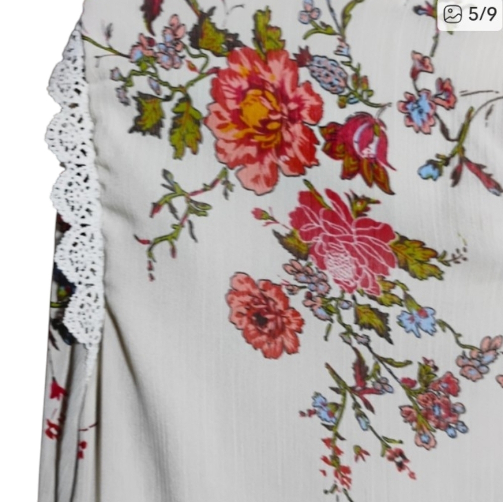 Indigo Poppy Floral Lace Crochet Yoke Blouse Cream Red Boho Romantic Sz XL - Picture 5 of 9